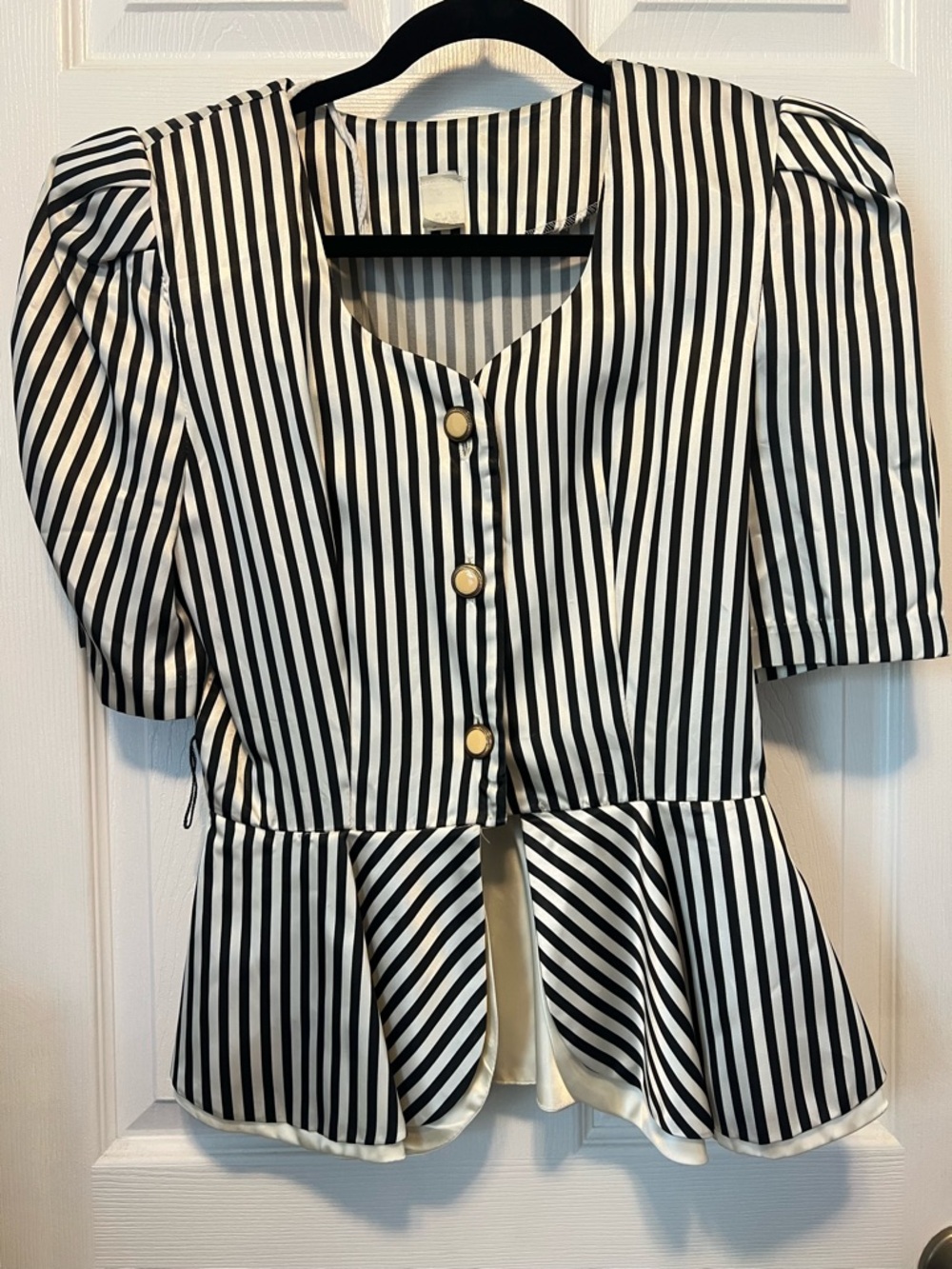 Black & White Striped Puff Sleeve Peplum Top